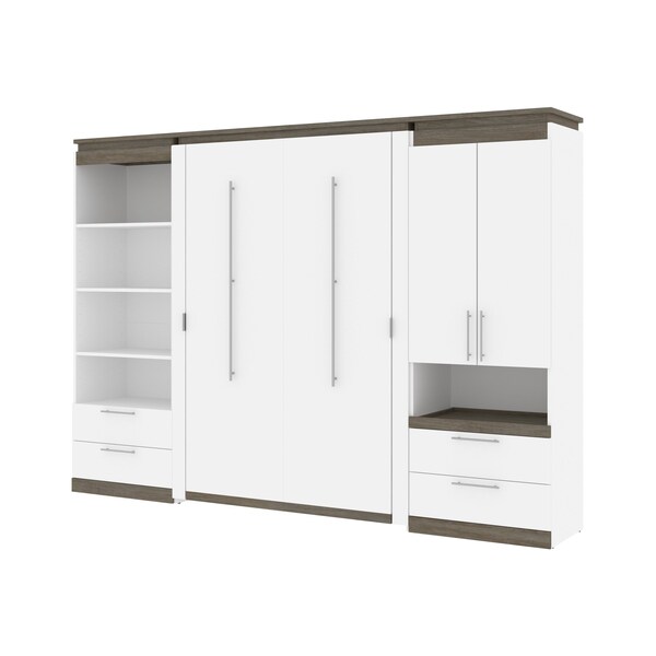 Orion 118W Full Murphy Bed and Multifunctional Storage with Drawers (119W), White & Walnut Grey